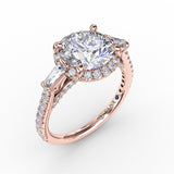 Vintage Style Round Diamond Halo Engagement Ring With Tapered Baguettes