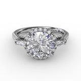 Vintage Style Round Diamond Halo Engagement Ring With Tapered Baguettes