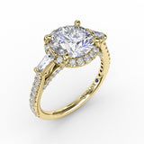 Vintage Style Round Diamond Halo Engagement Ring With Tapered Baguettes
