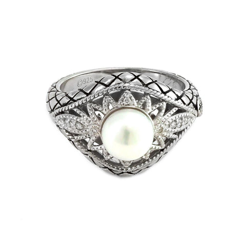 Sterling Silver Wide Ring with Pearl and Diamonds
