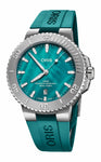 Oris watch with teal strap and face on a white background