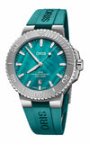 Oris watch with teal strap and face on a white background
