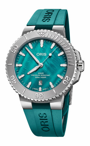 Oris watch with teal strap and face on a white background