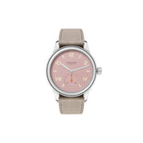 Watch with pink dial and beige strap on a white background