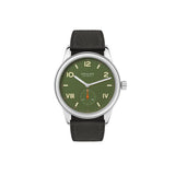 Watch with green dial and black strap on a white background