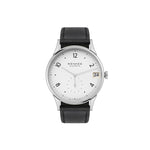 Nomos watch with black strap and white face on a white background