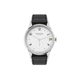 Nomos watch with black strap and white face on a white background