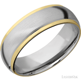 7 mm wide/Domed Stepped Down Edges/14K White Gold band with two 1 mm Edge inlays of 14K Yellow Gold.