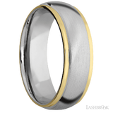 7 mm wide/Domed Stepped Down Edges/14K White Gold band with two 1 mm Edge inlays of 14K Yellow Gold.