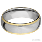 7 mm wide/Domed Stepped Down Edges/14K White Gold band with two 1 mm Edge inlays of 14K Yellow Gold.