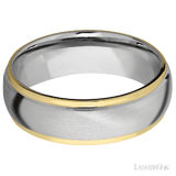 7 mm wide/Domed Stepped Down Edges/14K White Gold band with two 1 mm Edge inlays of 14K Yellow Gold.