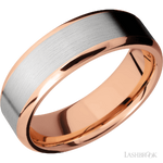 7 mm wide/Beveled/14K Rose Gold band with one 5 mm Centered inlay of 14K White Gold.