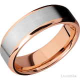 7 mm wide/Beveled/14K Rose Gold band with one 5 mm Centered inlay of 14K White Gold.