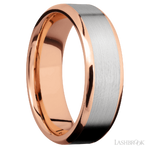 7 mm wide/Beveled/14K Rose Gold band with one 5 mm Centered inlay of 14K White Gold.