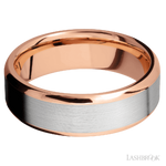7 mm wide/Beveled/14K Rose Gold band with one 5 mm Centered inlay of 14K White Gold.