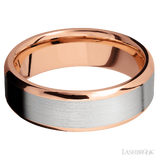 7 mm wide/Beveled/14K Rose Gold band with one 5 mm Centered inlay of 14K White Gold.