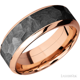 8 mm wide/High Bevel/14K Rose Gold band with one 5 mm Centered inlay of Zirconium.