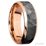 8 mm wide/High Bevel/14K Rose Gold band with one 5 mm Centered inlay of Zirconium.