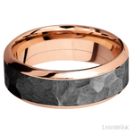 8 mm wide/High Bevel/14K Rose Gold band with one 5 mm Centered inlay of Zirconium.