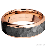 8 mm wide/High Bevel/14K Rose Gold band with one 5 mm Centered inlay of Zirconium.
