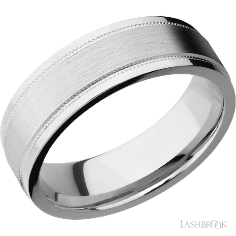 7 mm wide Flat Stepped Edges Milgrain 14K White Gold band.