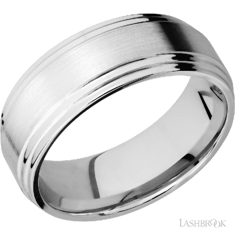 8 mm wide Flat Double Stepped Edges 14K White Gold band.