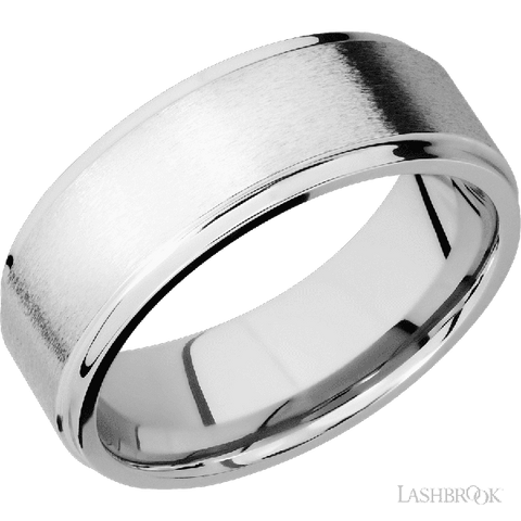 8 mm wide Flat Grooved Edges 14K White Gold band.