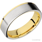 6 mm wide/Flat/14K Yellow Gold band with one 5 mm Off Center Edge inlay of Cobalt Chrome.