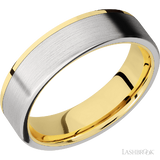 6 mm wide/Flat/14K Yellow Gold band with one 5 mm Off Center Edge inlay of Cobalt Chrome.