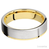 6 mm wide/Flat/14K Yellow Gold band with one 5 mm Off Center Edge inlay of Cobalt Chrome.