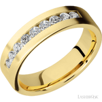 6 mm wide/Flat/14K Yellow Gold band with an  arrangement of 9, .07 carat Round Diamond stones in a Channel setting.