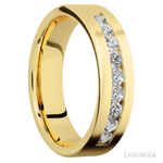 6 mm wide/Flat/14K Yellow Gold band with an  arrangement of 9, .07 carat Round Diamond stones in a Channel setting.