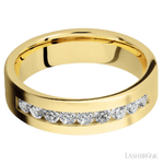 6 mm wide/Flat/14K Yellow Gold band with an  arrangement of 9, .07 carat Round Diamond stones in a Channel setting.