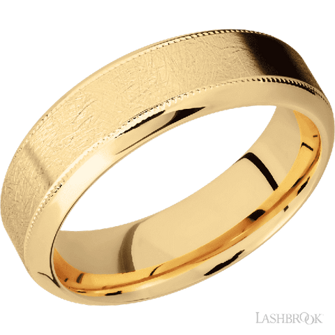 7 mm wide High Bevel Milgrain 14K Yellow Gold band.