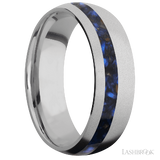 7 mm wide/Domed/Titanium band with one 2 mm Off Center inlay of Blue Tiger Eye.
