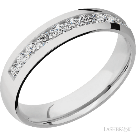 5 mm wide/Domed/Cobalt Chrome band with a Half Eternity arrangement of .07 carat Round Diamond stones in a Channel setting.