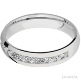 5 mm wide/Domed/Cobalt Chrome band with a Half Eternity arrangement of .07 carat Round Diamond stones in a Channel setting.
