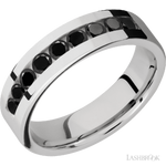 6 mm wide/Flat/Cobalt Chrome band with an  arrangement of 9, .1 carat Round Black Diamond stones in a Channel setting.