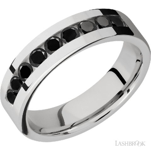 6 mm wide/Flat/Cobalt Chrome band with an  arrangement of 9, .1 carat Round Black Diamond stones in a Channel setting.