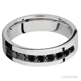 6 mm wide/Flat/Cobalt Chrome band with an  arrangement of 9, .1 carat Round Black Diamond stones in a Channel setting.