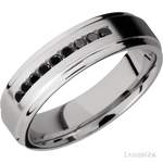 6 mm wide/Flat Grooved Edges/Cobalt Chrome band with an  arrangement of 9, .03 carat Round Black Diamond stones in a Channel setting.