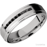 6 mm wide/Flat Grooved Edges/Cobalt Chrome band with an  arrangement of 9, .03 carat Round Black Diamond stones in a Channel setting.