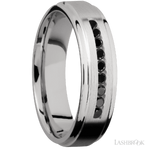 6 mm wide/Flat Grooved Edges/Cobalt Chrome band with an  arrangement of 9, .03 carat Round Black Diamond stones in a Channel setting.