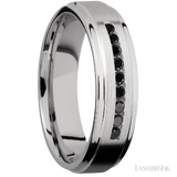 6 mm wide/Flat Grooved Edges/Cobalt Chrome band with an  arrangement of 9, .03 carat Round Black Diamond stones in a Channel setting.