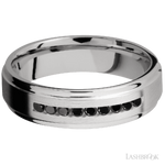 6 mm wide/Flat Grooved Edges/Cobalt Chrome band with an  arrangement of 9, .03 carat Round Black Diamond stones in a Channel setting.