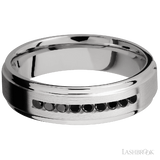 6 mm wide/Flat Grooved Edges/Cobalt Chrome band with an  arrangement of 9, .03 carat Round Black Diamond stones in a Channel setting.