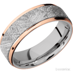 7 mm wide/Flat Grooved Edges/Cobalt Chrome band featuring inlays of Meteorite and 14K Rose Gold.
