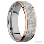 7 mm wide/Flat Grooved Edges/Cobalt Chrome band featuring inlays of Meteorite and 14K Rose Gold.