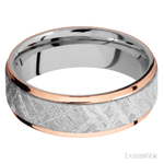 7 mm wide/Flat Grooved Edges/Cobalt Chrome band featuring inlays of Meteorite and 14K Rose Gold.