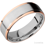 7 mm wide/Flat Grooved Edges/Cobalt Chrome band with two 1 mm Edge inlays of 14K Rose Gold.